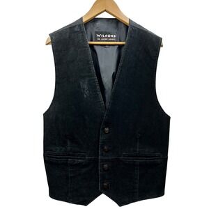 Wilsons Leather Vest Mens XL Black Nubuck Button Front Adjustable Western‎ Biker
